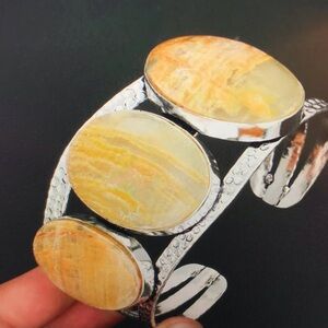 Yellow Lace Agate Stamped 925 Sterling Silver Cuff Bracelet